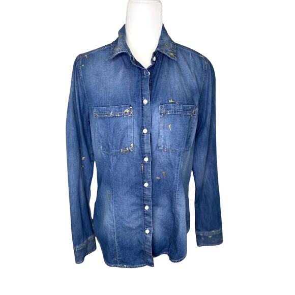 Guess Tops - Guess Womens Long Sleeve Button Up Denim Shirt Gold Glitter Detail